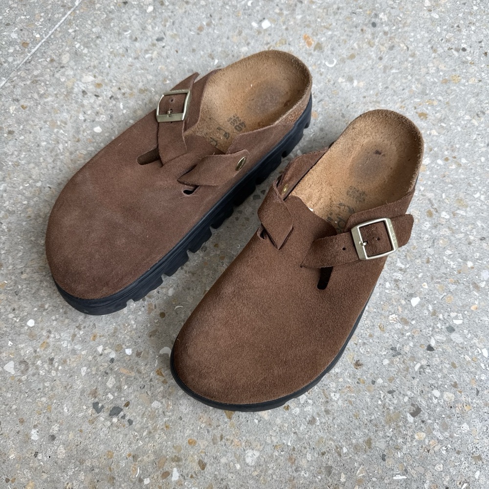 Papillio Brown Suede Clog Mules with Buckle